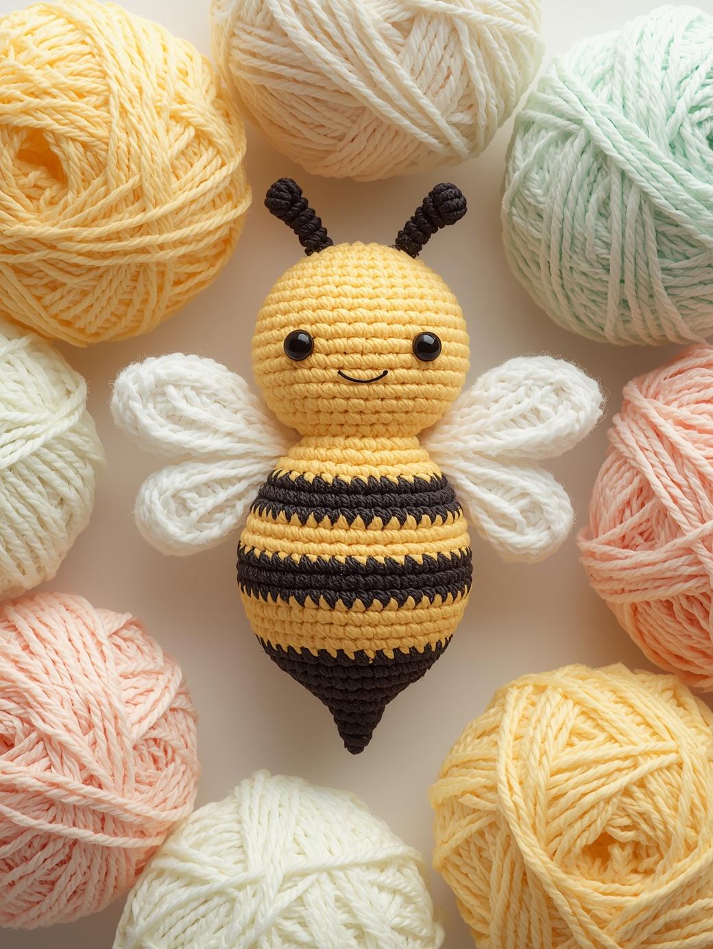 a soft, hand drawn or digital illustration of a crochet bee toy with yarn balls around it pastel yellow, light pink, soft mint; realistic textures like soft yarn